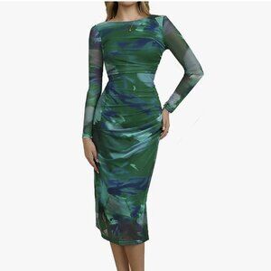 NWOT Gorgeous Mesh long sleeve dress Ruched Bodycon Midi size XL also works as L